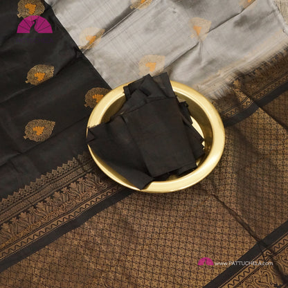 Half and Half Pure Kanchipuram Soft Silk Saree in Black and Grey Chic Combinations with Peacock feather Zari Motifs in Antique Gold | Light Weight Kanchi | SILK MARK CERTIFIED | Kanjivaram Silks