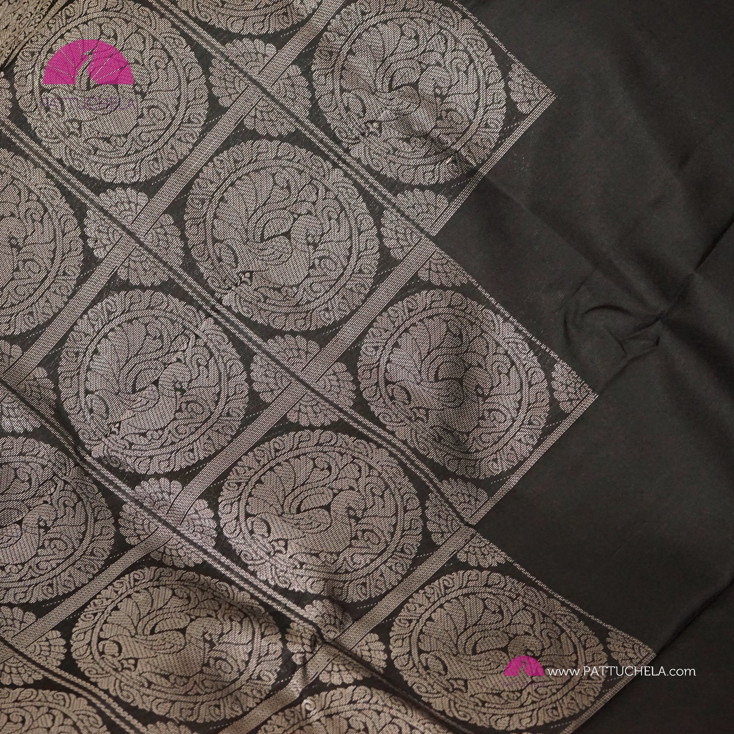 Black Kanchipuram Handloom SILK MARK CERTIFIED Soft Silk Saree with Contemporary Steps Pattern Silver weaves