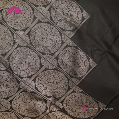 Black Kanchipuram Handloom SILK MARK CERTIFIED Soft Silk Saree with Contemporary Steps Pattern Silver weaves