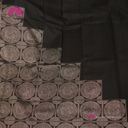 Black Kanchipuram Handloom SILK MARK CERTIFIED Soft Silk Saree with Contemporary Steps Pattern Silver weaves