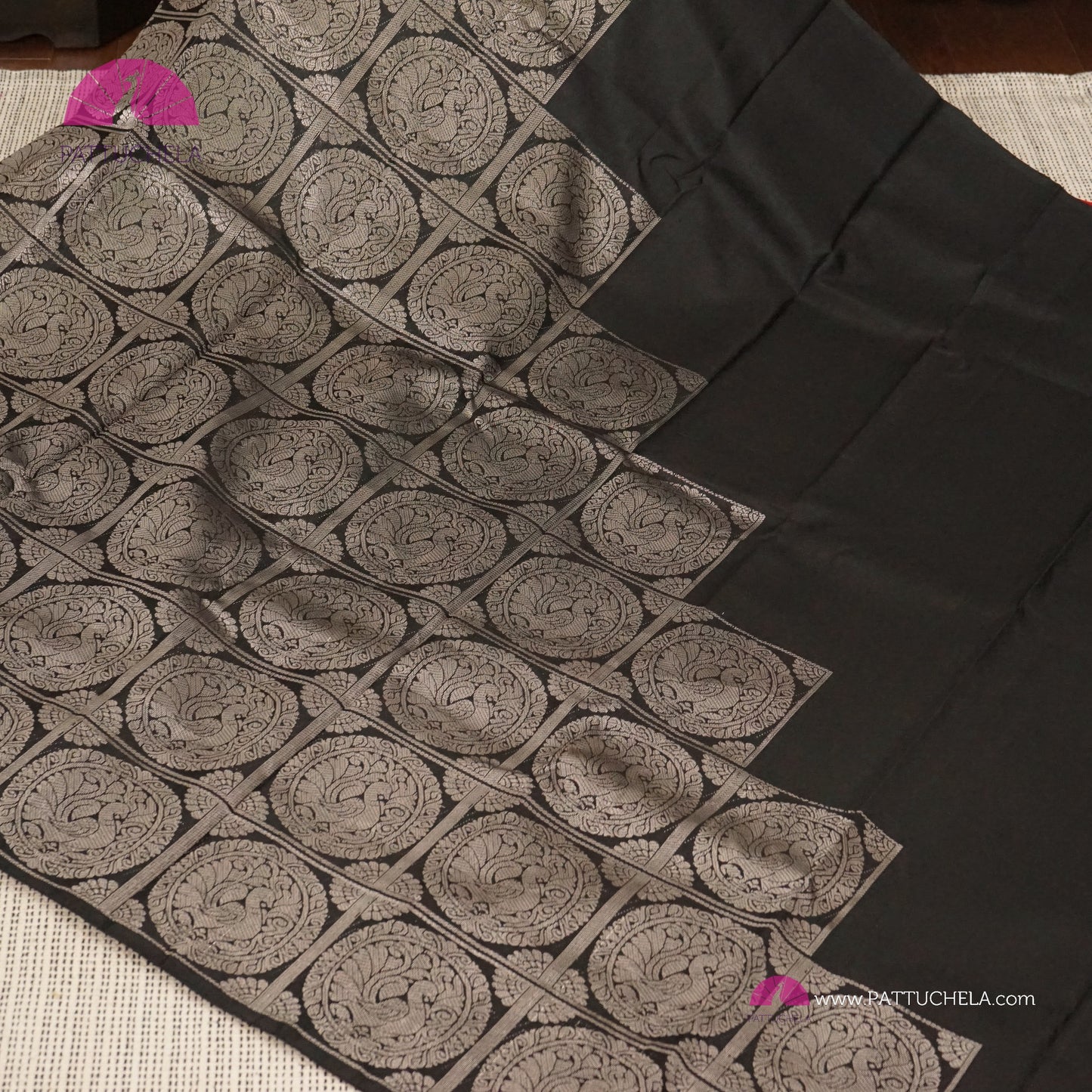 Black Kanchipuram Handloom SILK MARK CERTIFIED Soft Silk Saree with Contemporary Steps Pattern Silver weaves