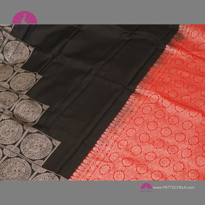 Black Kanchipuram Handloom SILK MARK CERTIFIED Soft Silk Saree with Contemporary Steps Pattern Silver weaves