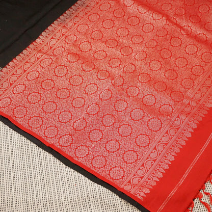 Black Kanchipuram Handloom SILK MARK CERTIFIED Soft Silk Saree with Contemporary Steps Pattern Silver weaves