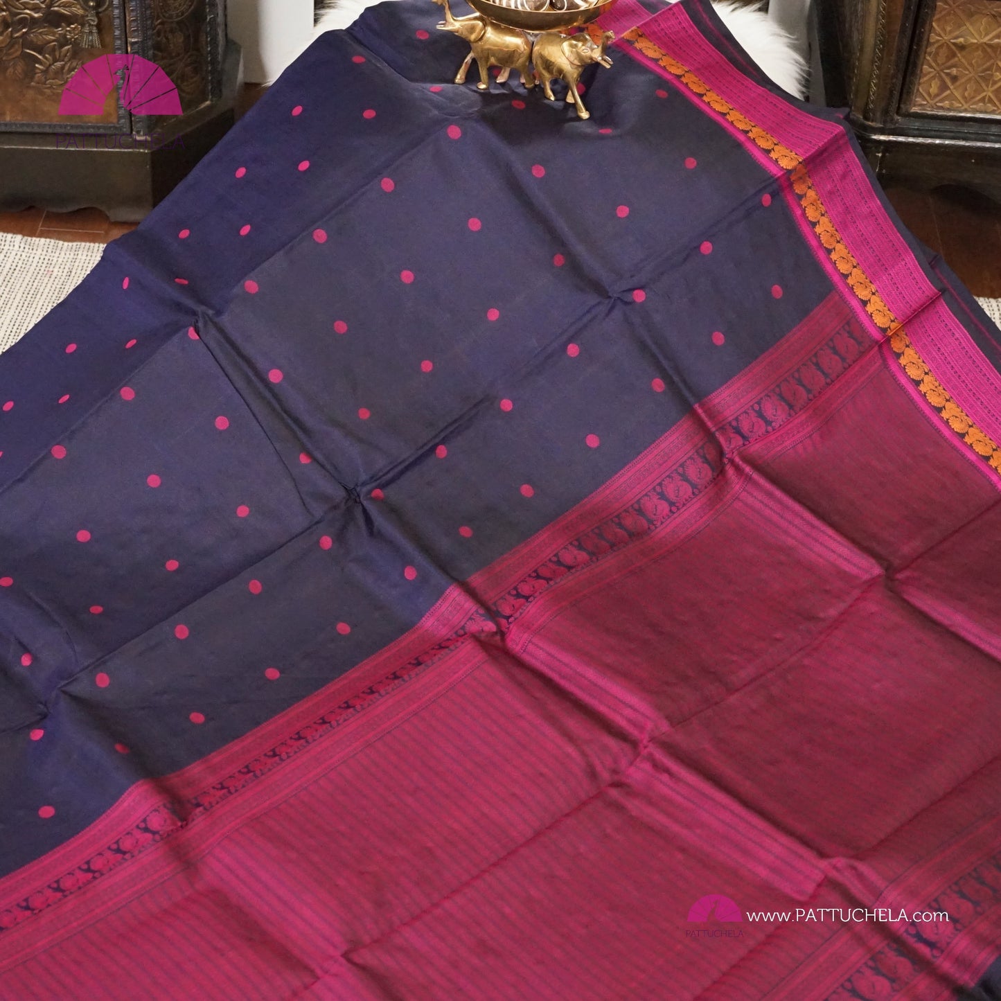 Navy Blue Pure Kanchipuram Silk Saree in thread weaves with Pink Border and Pallu | Party Wear | SILK MARK CERTIFIED | Kanjivaram Silks