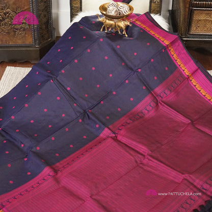 Navy Blue Pure Kanchipuram Silk Saree in thread weaves with Pink Border and Pallu | Party Wear | SILK MARK CERTIFIED | Kanjivaram Silks