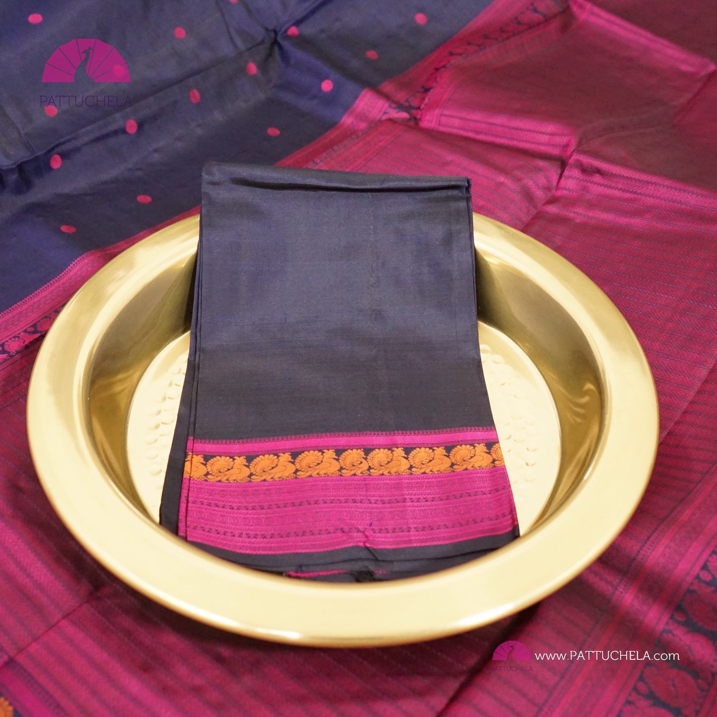 Navy Blue Pure Kanchipuram Silk Saree in thread weaves with Pink Border and Pallu | Party Wear | SILK MARK CERTIFIED | Kanjivaram Silks