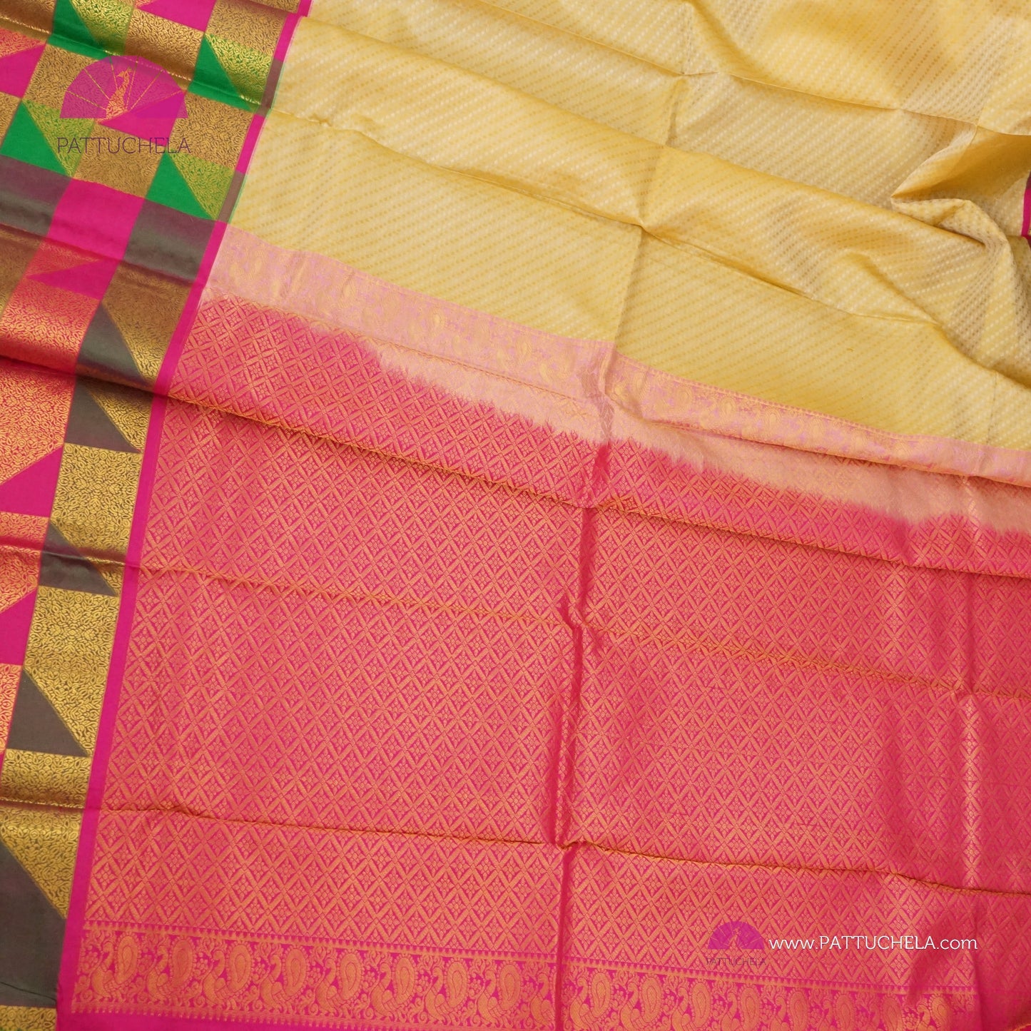 Beige Kanchipuram Silk Saree with Geometrical Pattern zari border in mixed hues | Statement Saree | Contemporary Design | SILK MARK CERTIFIED | Kanjivaram Silks