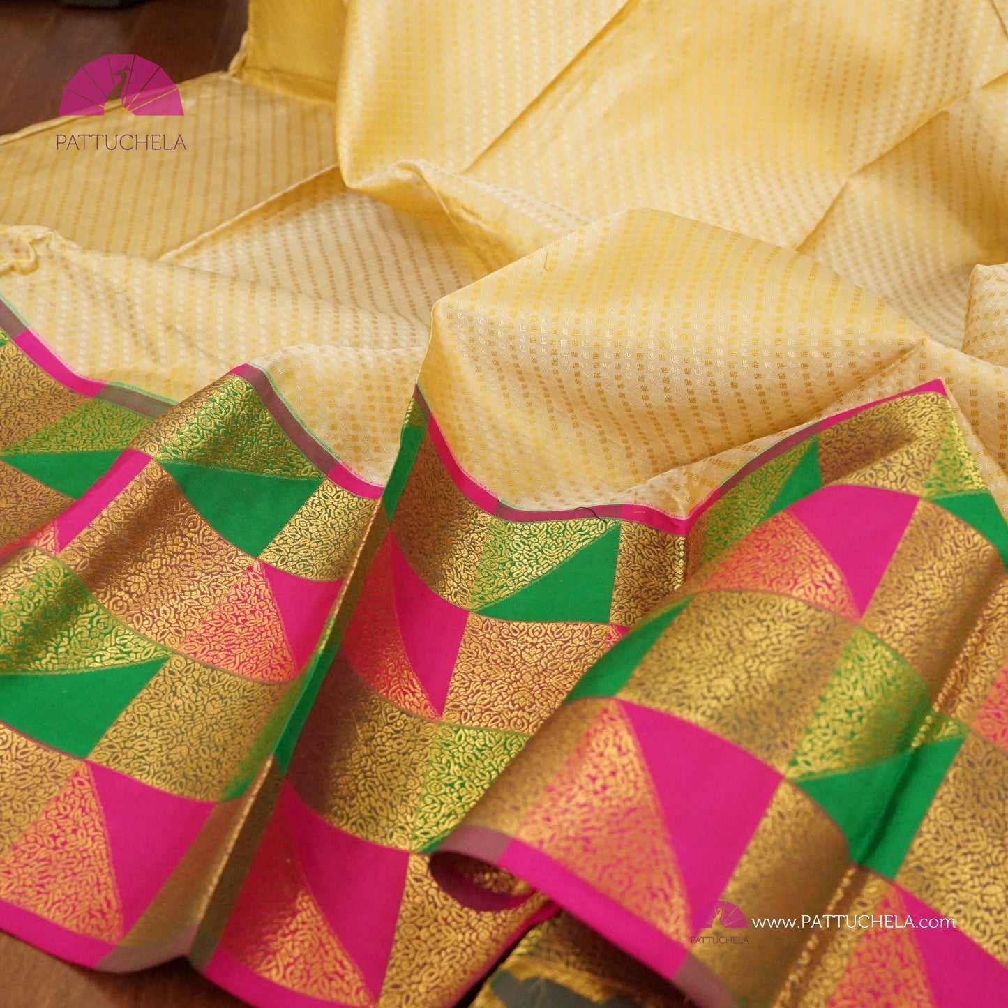 Beige Kanchipuram Silk Saree with Geometrical Pattern zari border in mixed hues | Statement Saree | Contemporary Design | SILK MARK CERTIFIED | Kanjivaram Silks