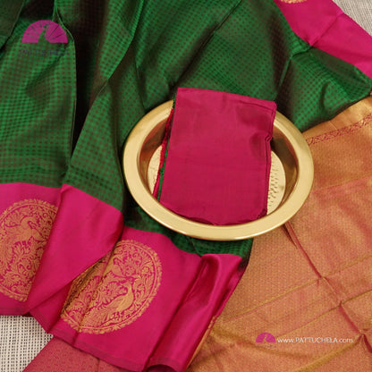 Emerald Green jacquard checks Kanchipuram Handloom SILK MARK CERTIFIED Saree with Mandala Motif border