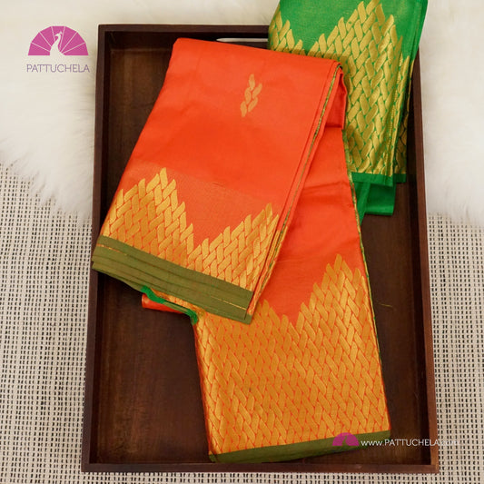 Fiery Orange Kanchipuram Silk Saree with Designer Temple Border in Gold Zari | Green Blouse | Wedding Saree | SILK MARK CERTIFIED | Kanjivaram Silks