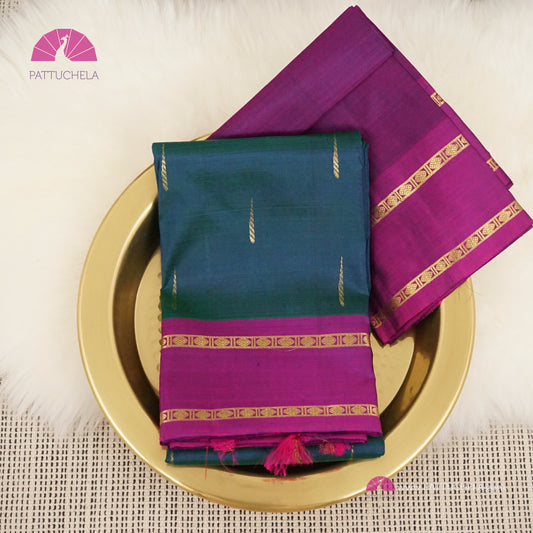 Dual Tone Kanchipuram Silk saree hued in Peacock Blue with contrast Purple Bentex Border | Droplet Motifs | Classic Kanchipuram | Wedding Saree | SILK MARK CERTIFIED | Kanjivaram Silks