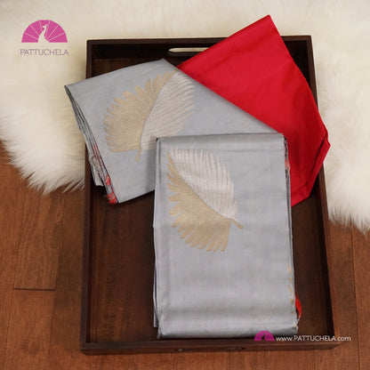 Pastel Grey Kanchipuram Handloom SILK MARK CERTIFIED Saree with Contrast Ruby Red Zari Border