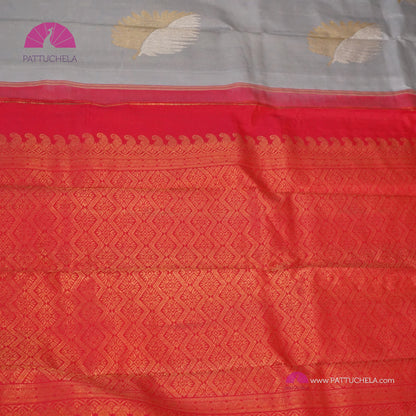 Pastel Grey Kanchipuram Handloom SILK MARK CERTIFIED Saree with Contrast Ruby Red Zari Border