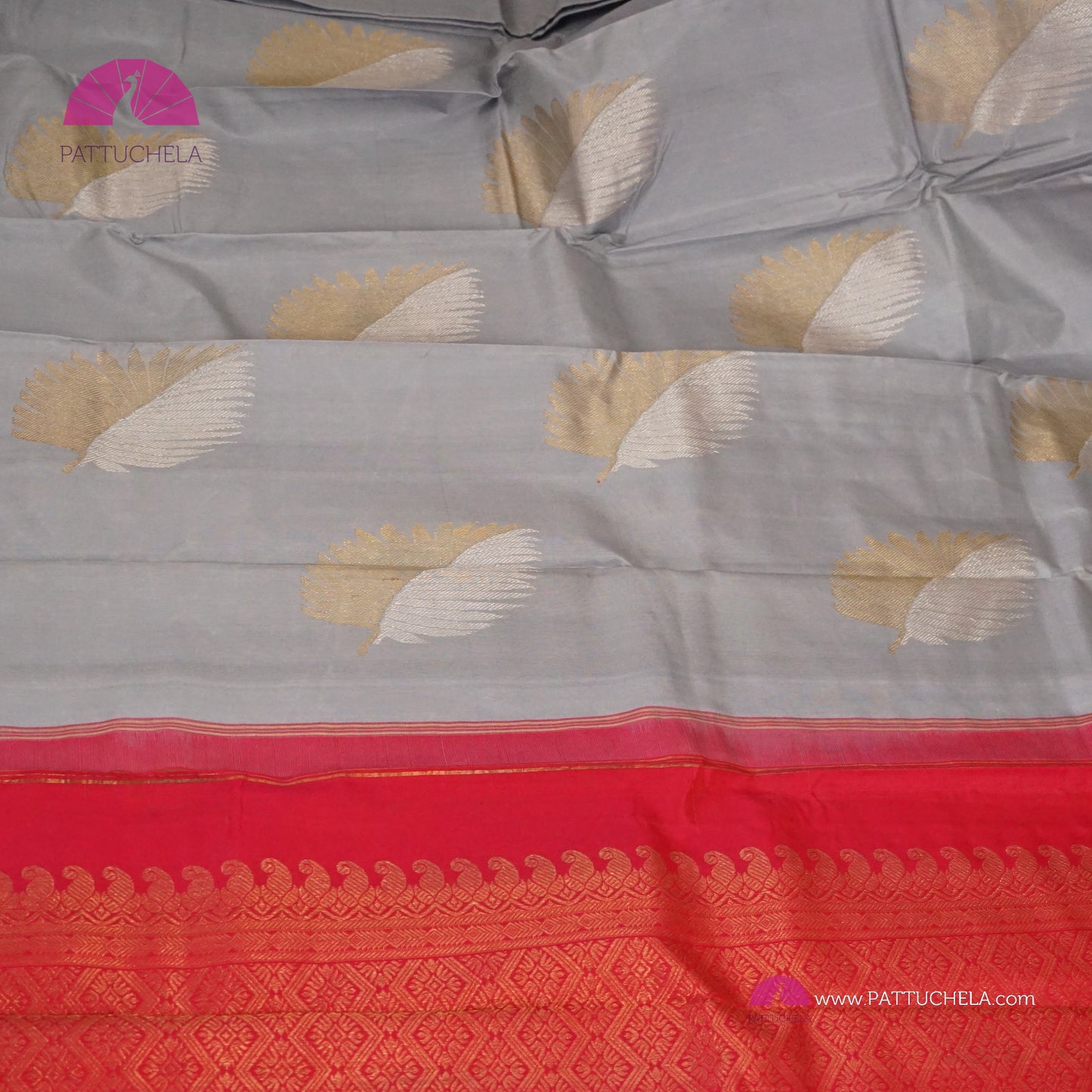 Pastel Grey Kanchipuram Handloom SILK MARK CERTIFIED Saree with Contrast Ruby Red Zari Border