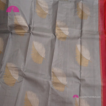 Pastel Grey Kanchipuram Handloom SILK MARK CERTIFIED Saree with Contrast Ruby Red Zari Border