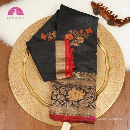 Black Banarasi handloom Tusser Silk Saree in Kadhua weaves