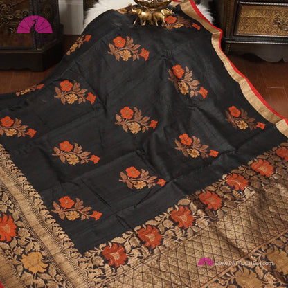 Black Banarasi handloom Tusser Silk Saree in Kadhua weaves