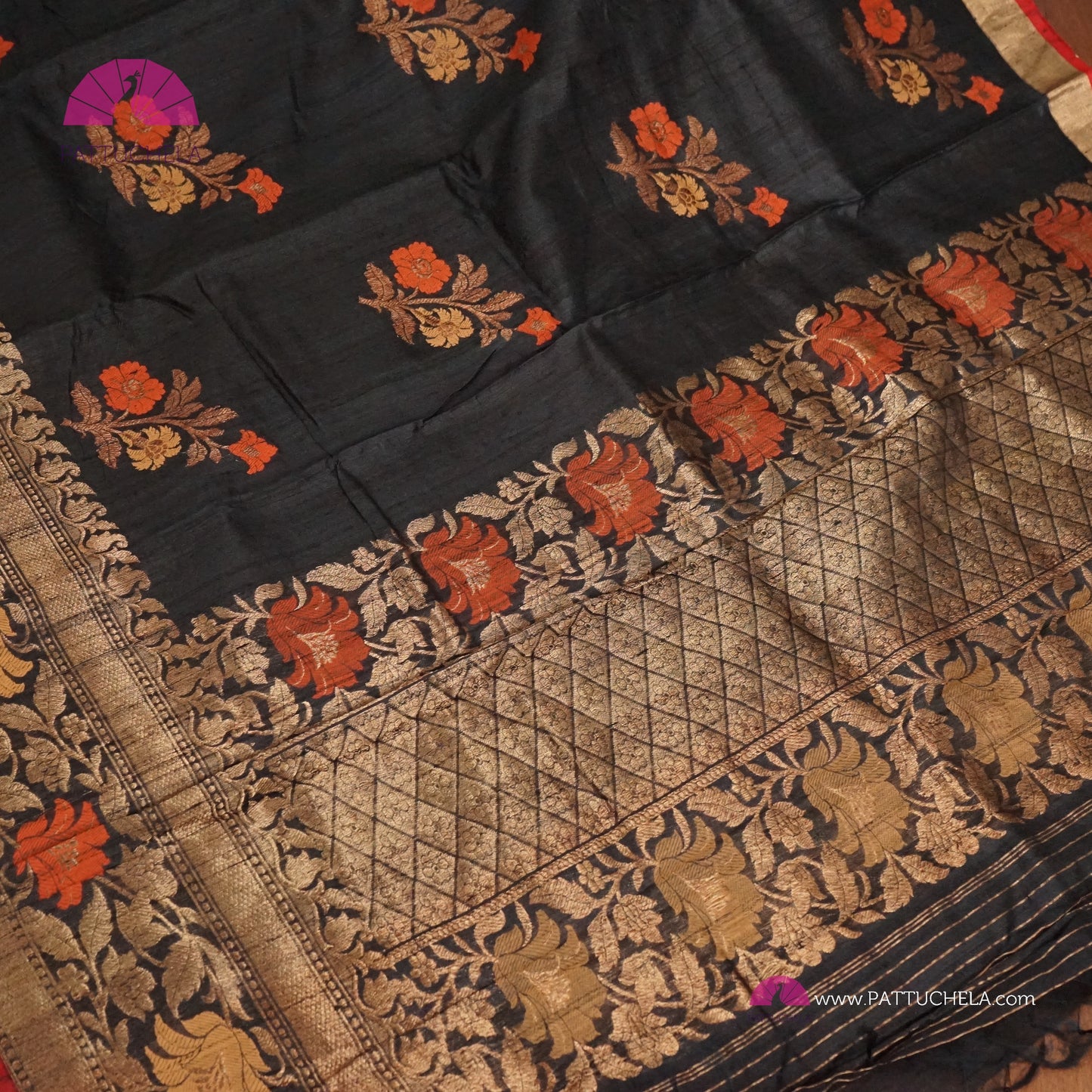 Black Banarasi handloom Tusser Silk Saree in Kadhua weaves