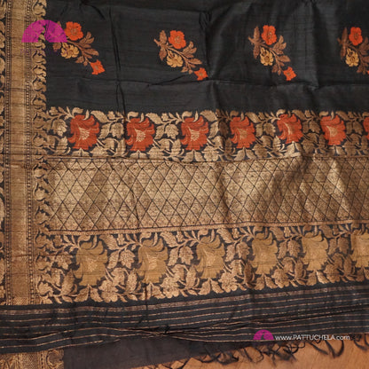 Black Banarasi handloom Tusser Silk Saree in Kadhua weaves