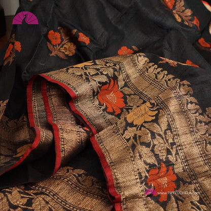 Black Banarasi handloom Tusser Silk Saree in Kadhua weaves