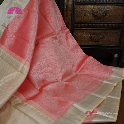 Pastel Pink Vanasingaram Kanchipuram Handloom SILK MARK CERTIFIED Saree with Off white Zari Borders