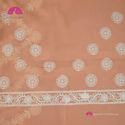Pastel Peach Lucknawi Georgette Chikankari Saree in Geometric Pattern