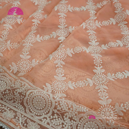 Pastel Peach Lucknawi Georgette Chikankari Saree in Geometric Pattern