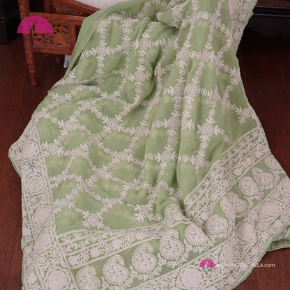 Pastel Pistachio Green Lucknawi Georgette Chikankari Saree in Geometric Pattern