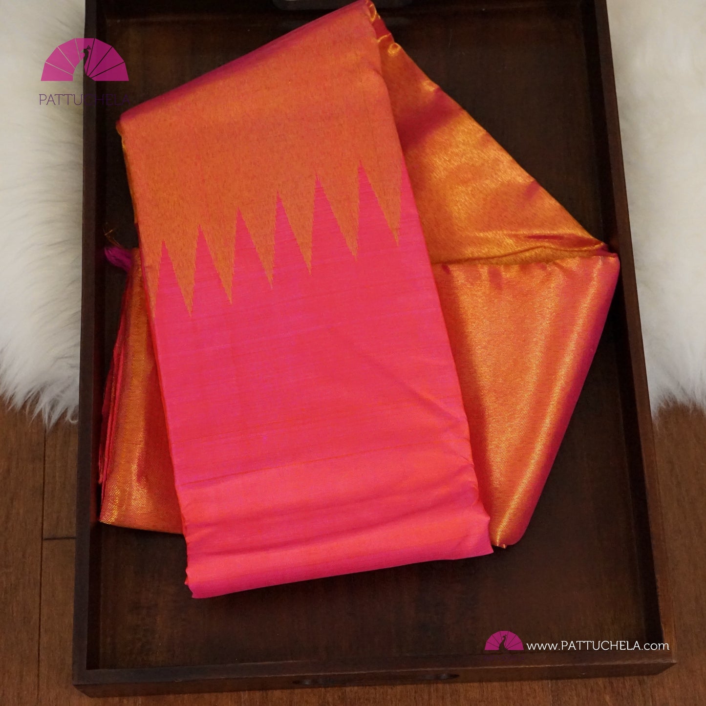 Pink Peach Kanchipuram Vidhya Balan Style Rising Temple Border Handloom SILK MARK CERTIFIED Saree