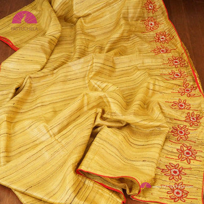 Yellow Pure Tussar Silk Saree with Handwork embroidery borders