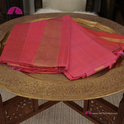 Pure Kanchipuram Handloom SILK MARK CERTIFIED Saree with contemporary Temple border Pattern in Peach Pink