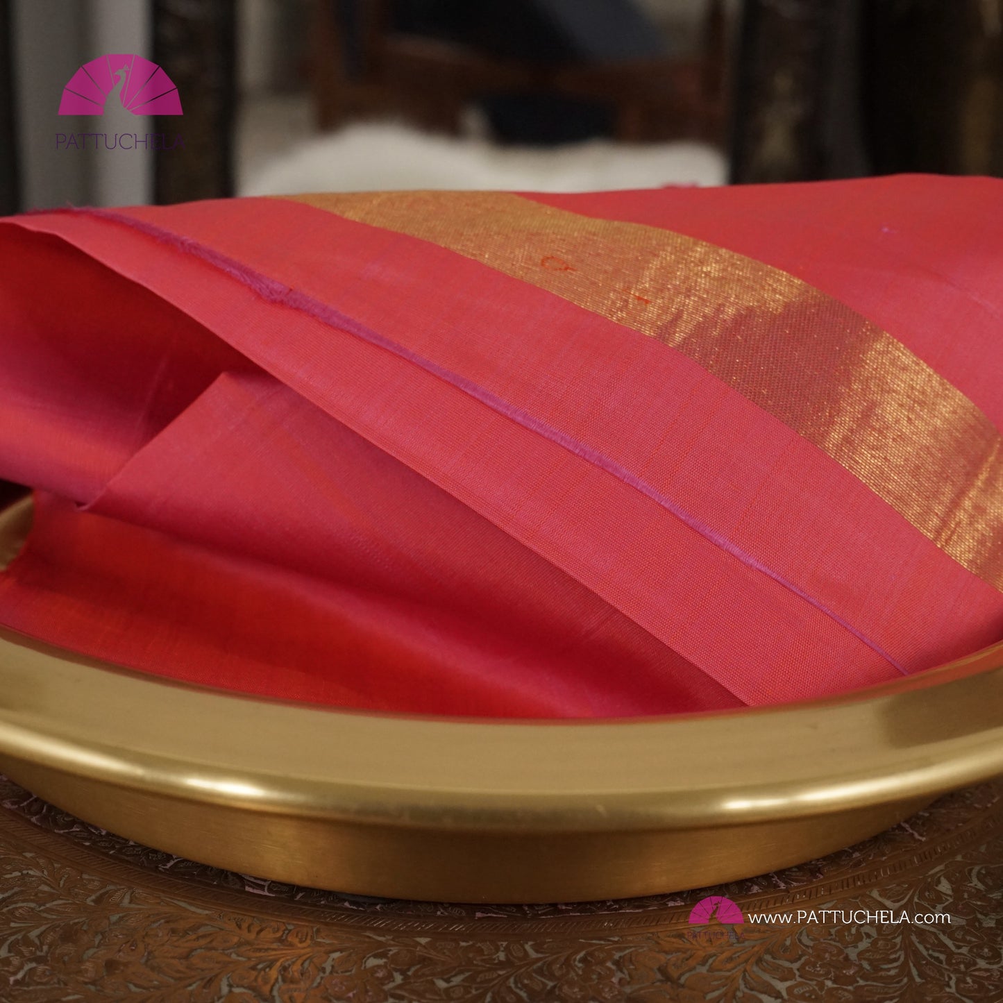 Pure Kanchipuram Handloom SILK MARK CERTIFIED Saree with contemporary Temple border Pattern in Peach Pink