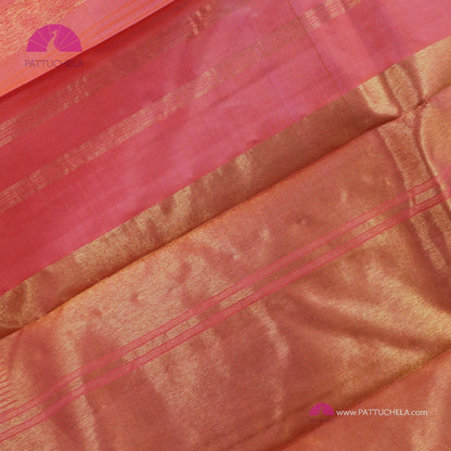 Pure Kanchipuram Handloom SILK MARK CERTIFIED Saree with contemporary Temple border Pattern in Peach Pink