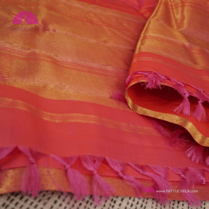 Pure Kanchipuram Handloom SILK MARK CERTIFIED Saree with contemporary Temple border Pattern in Peach Pink