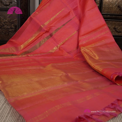 Pure Kanchipuram Handloom SILK MARK CERTIFIED Saree with contemporary Temple border Pattern in Peach Pink