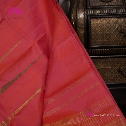 Pure Kanchipuram Handloom SILK MARK CERTIFIED Saree with contemporary Temple border Pattern in Peach Pink