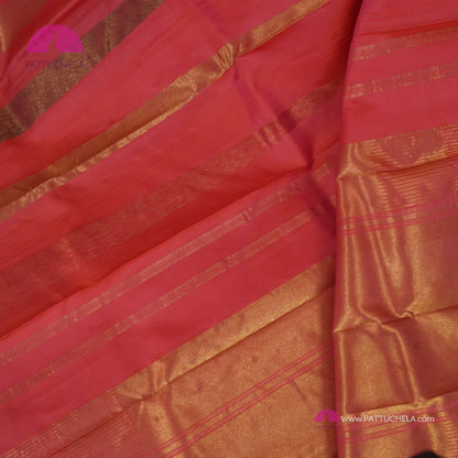 Pure Kanchipuram Handloom SILK MARK CERTIFIED Saree with contemporary Temple border Pattern in Peach Pink