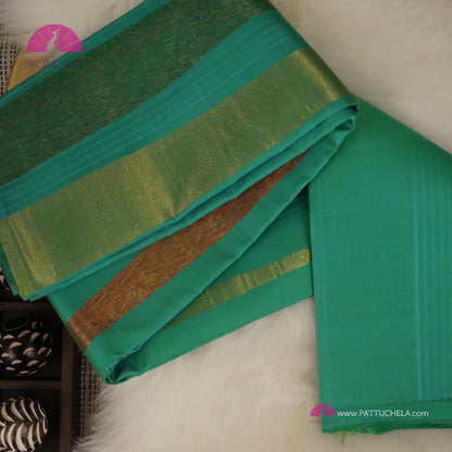 Pure Kanchipuram Handloom SILK MARK CERTIFIED Saree with contemporary Temple border Pattern in Teal Green