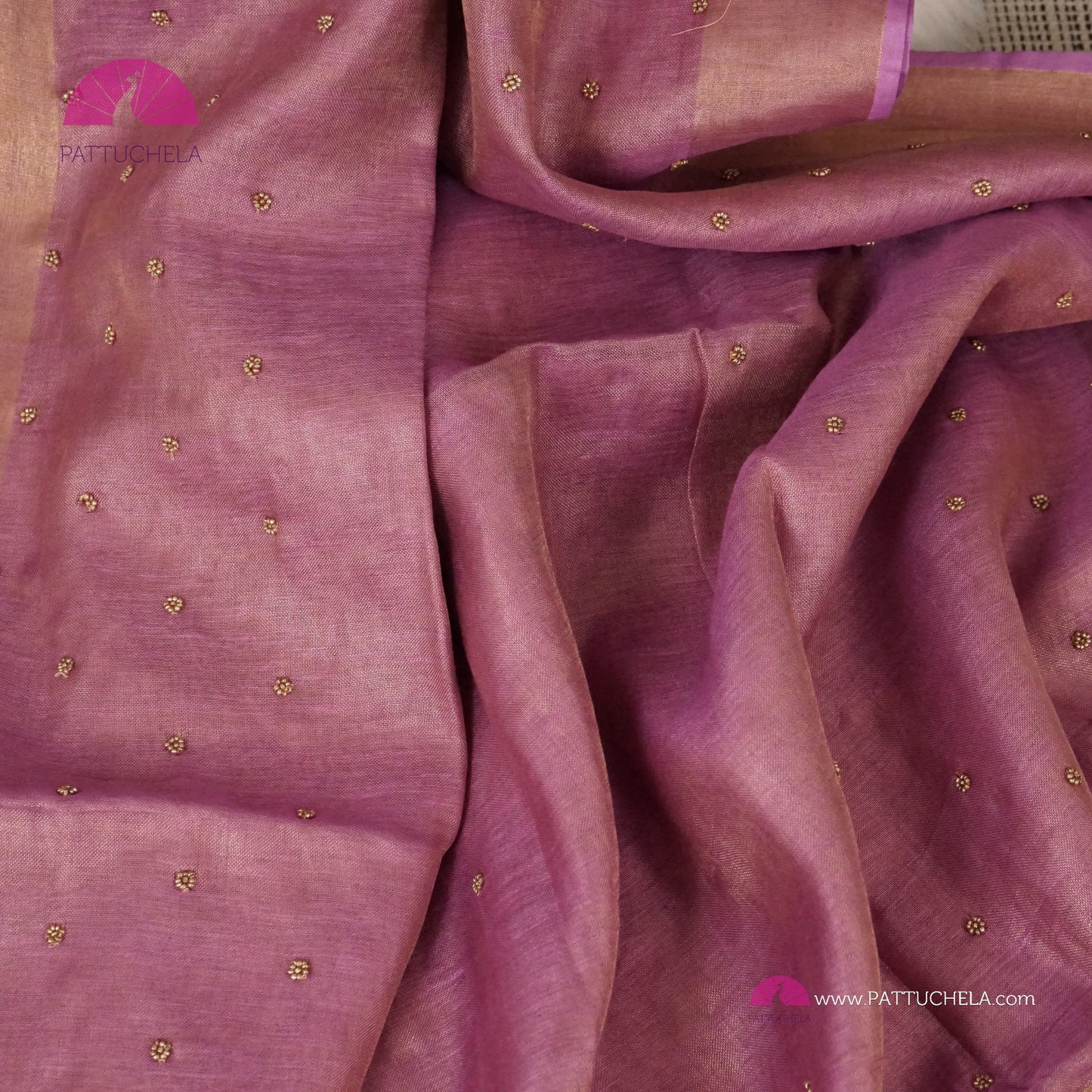Organic Tissue Linen Saree in Pastel Lavender Color with Hand Embroidery