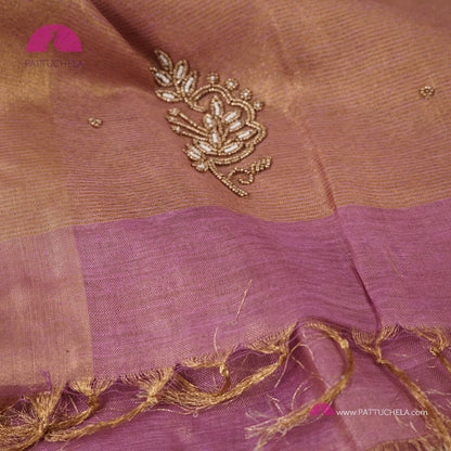 Organic Tissue Linen Saree in Pastel Lavender Color with Hand Embroidery