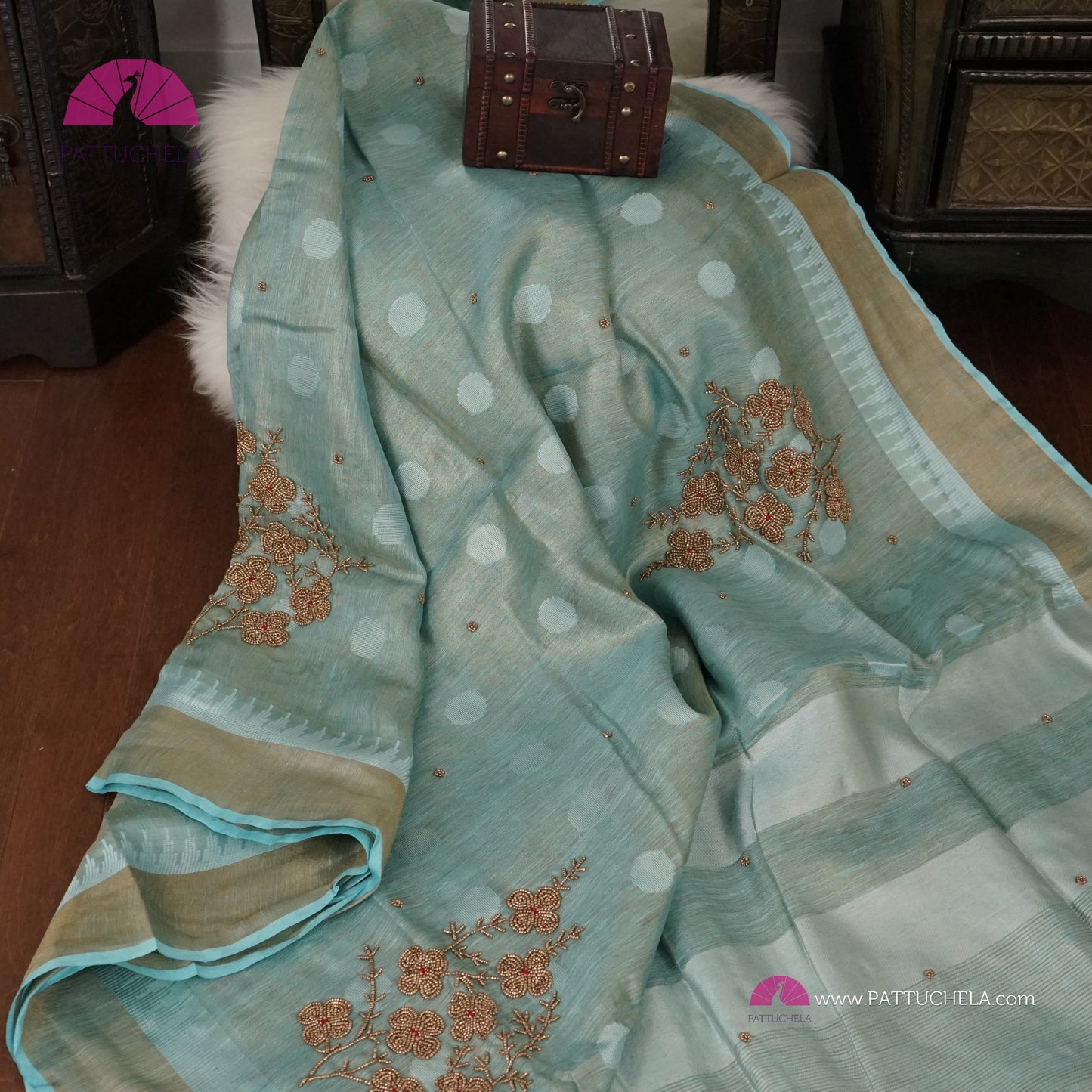 Organic Polka Dotted Pastel Blue Tissue Linen Saree with Hand embroidery