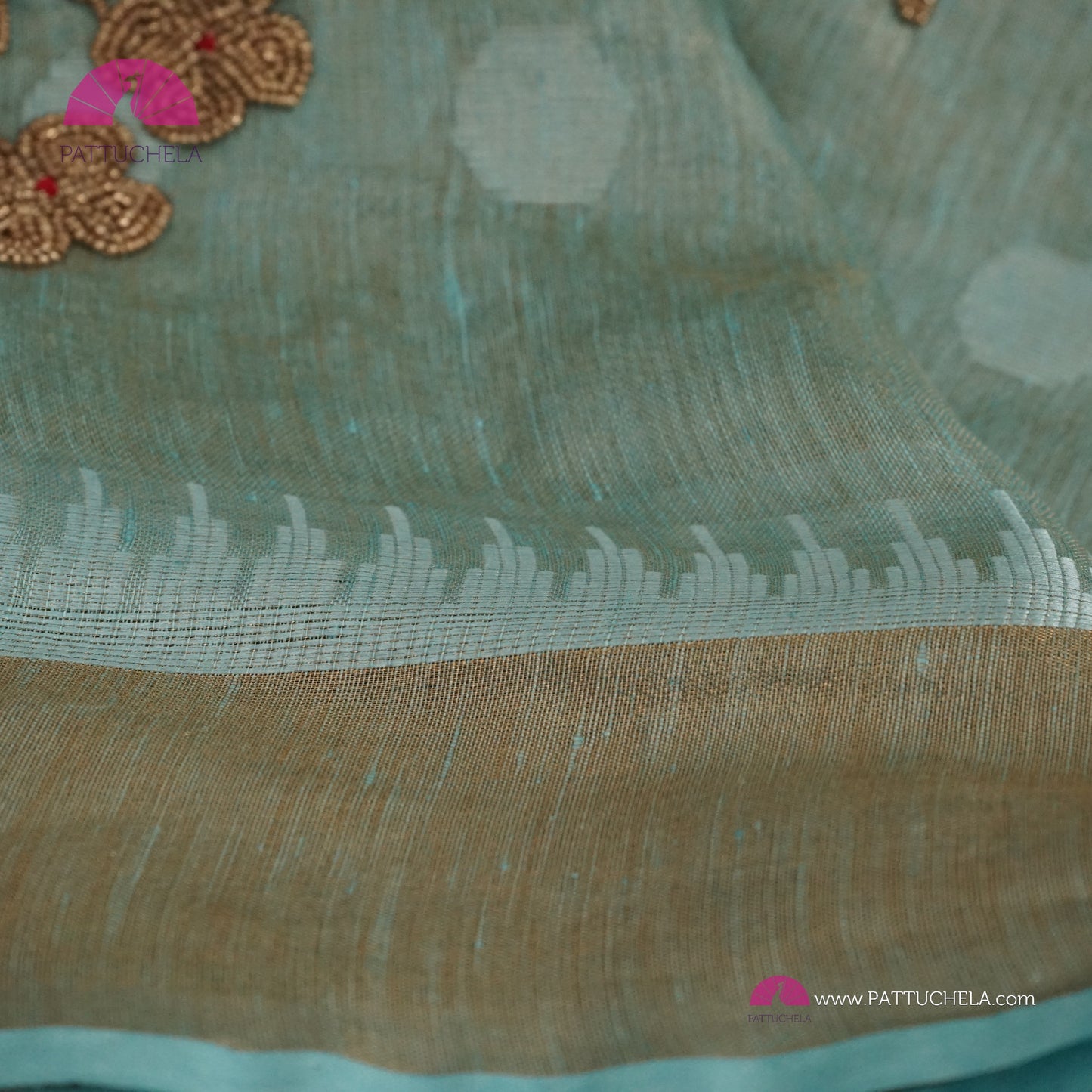 Organic Polka Dotted Pastel Blue Tissue Linen Saree with Hand embroidery