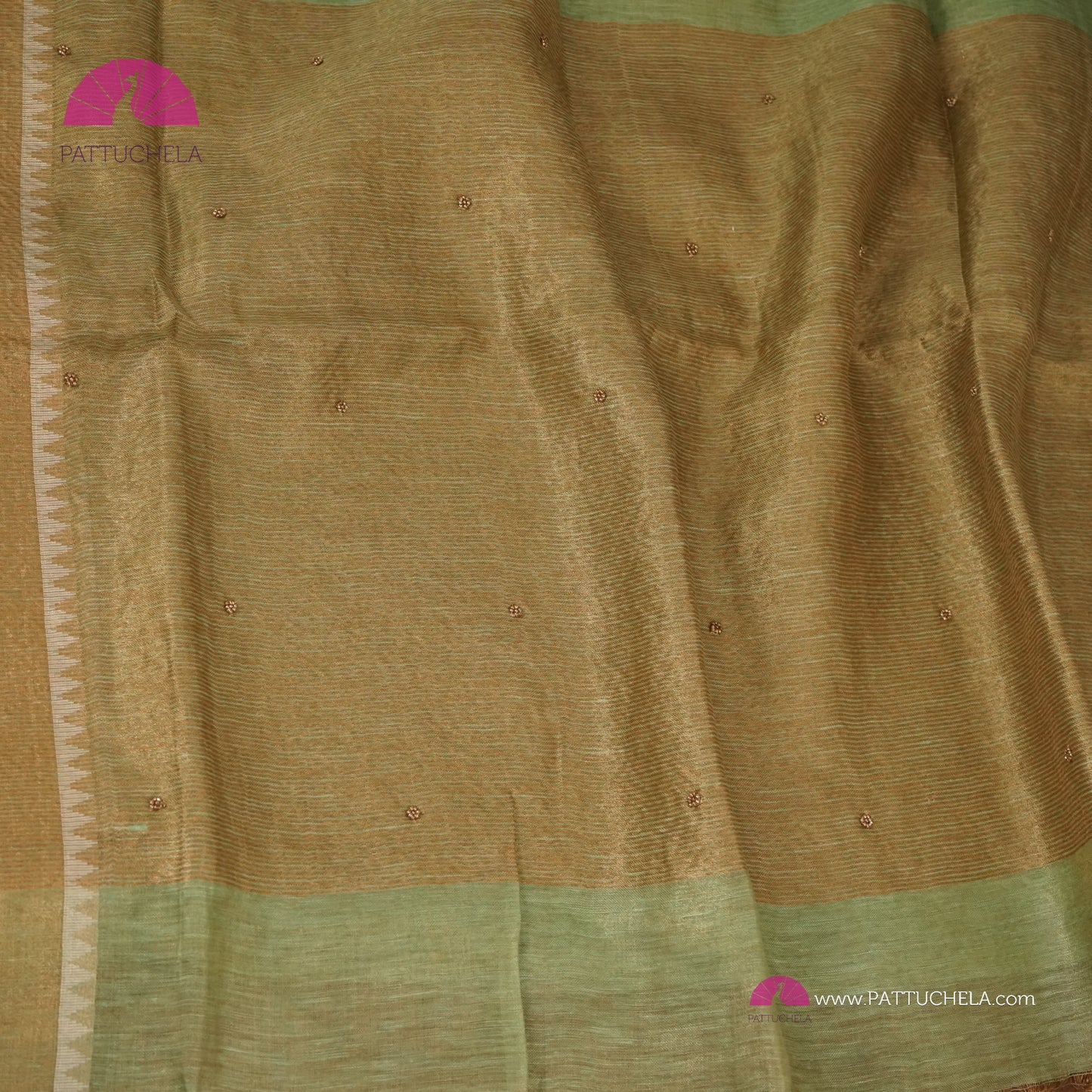 Pastel Pistachio Green Organic Tissue Linen Saree with Hand Embroidery