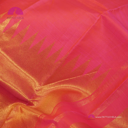 Pink Peach Kanchipuram Vidhya Balan Style Rising Temple Border Handloom SILK MARK CERTIFIED Saree