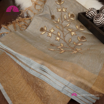 Organic Tissue Linen Saree in Grey with Hand Embroidery