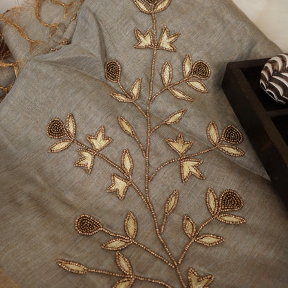 Organic Tissue Linen Saree in Grey with Hand Embroidery
