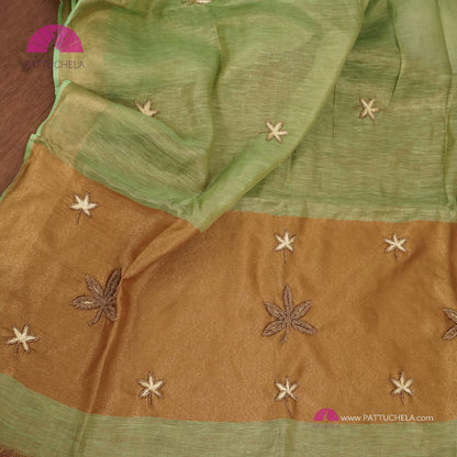 Organic Pastel Lime Green Tissue Linen Saree with Hand embroidery