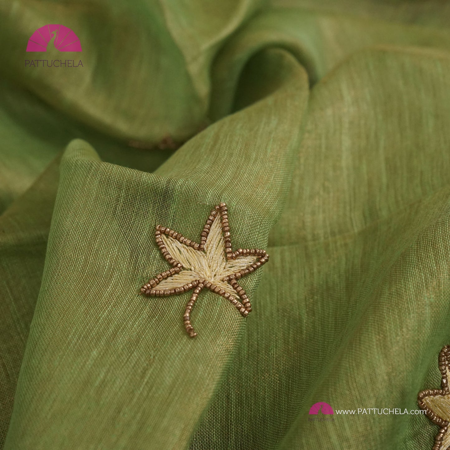 Organic Pastel Lime Green Tissue Linen Saree with Hand embroidery