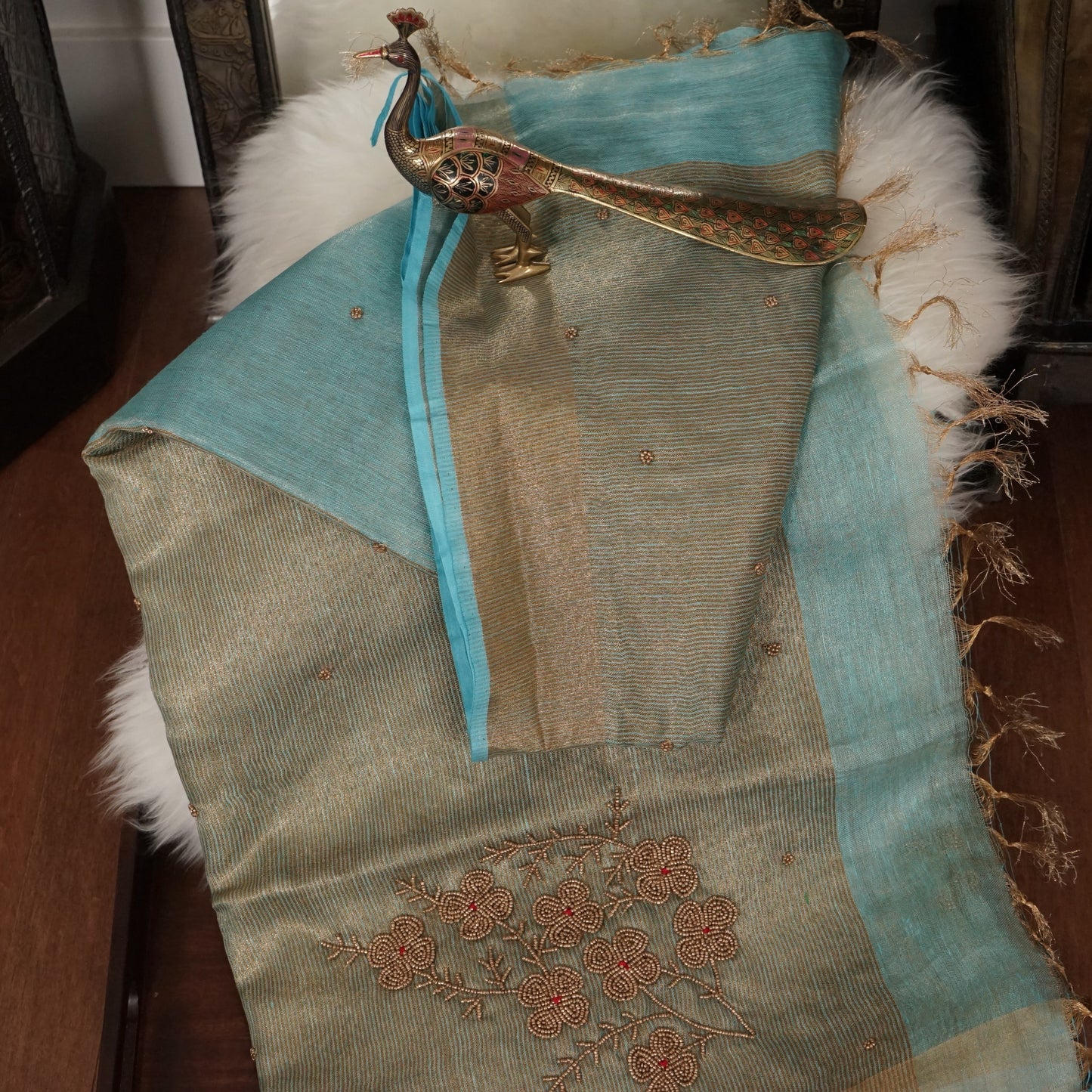 Organic Pastel Powder Blue Tissue Linen Saree with Hand Embroidery