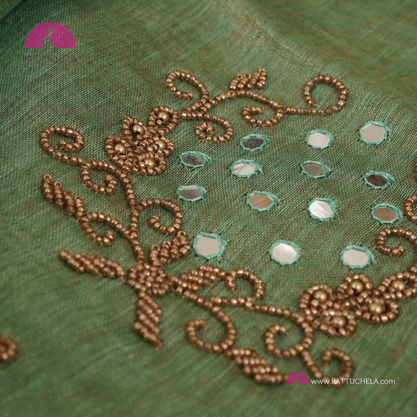 Organic Tissue Linen Saree in Pastel Green with Mirror Work and Hand Embroidery